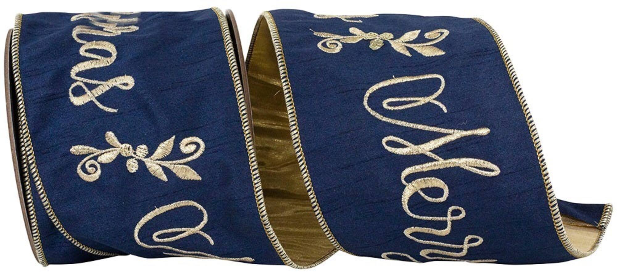 JAM Paper 4" x 5yd. Navy & Gold Merry Christmas Embroidery Dupioni Backed Wired Edge Ribbon